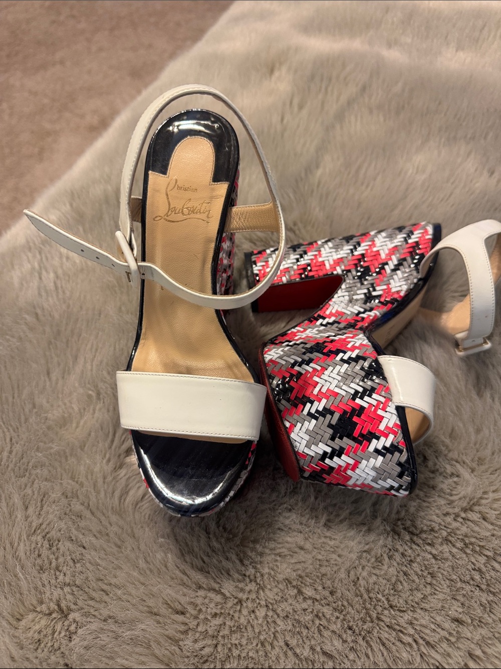 Christian Louboutin White Ankle-Strap Woven Platform Sandals with Red Accent